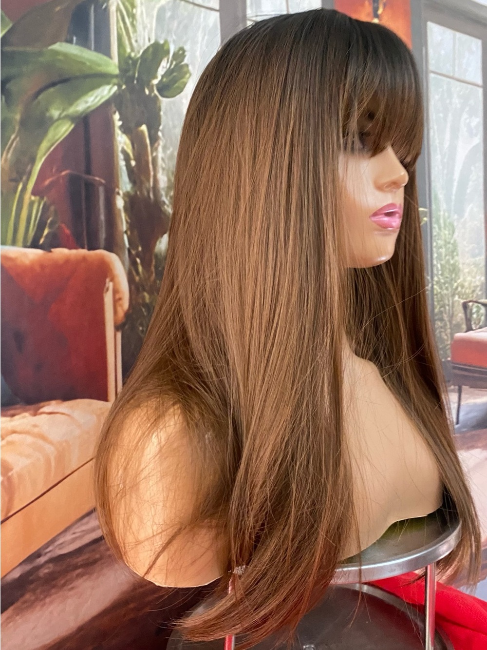 NEW STOCK luxury realistic Brown Long brunette rooted Wig with Bangs